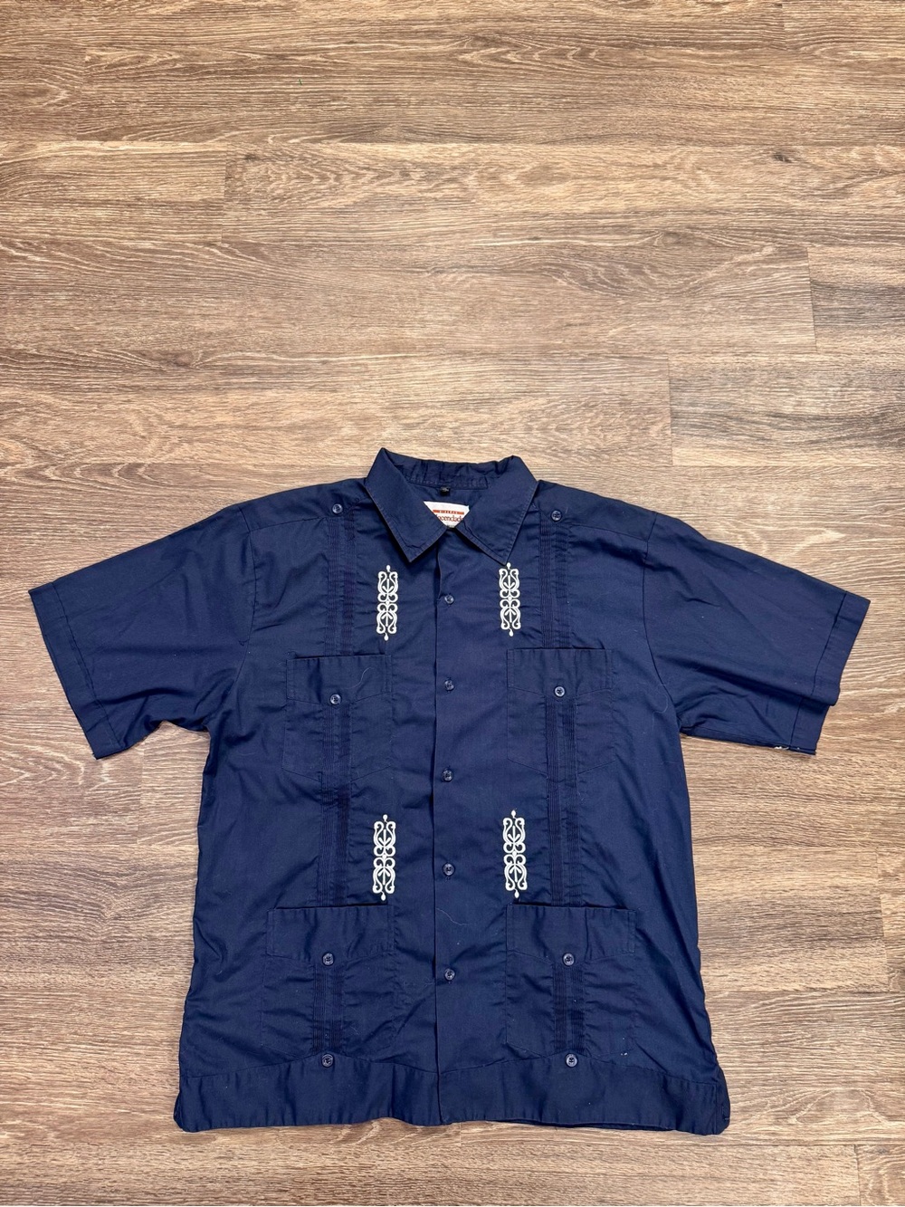 Diseños Hacendado Navy Embroidered Guayabera Shirt Men's XXL 4 Pocket Mexico